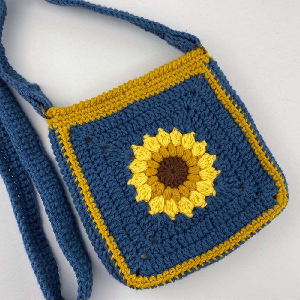 Crochet sunflower crossbody bag, small lined granny square bag, phone pouch